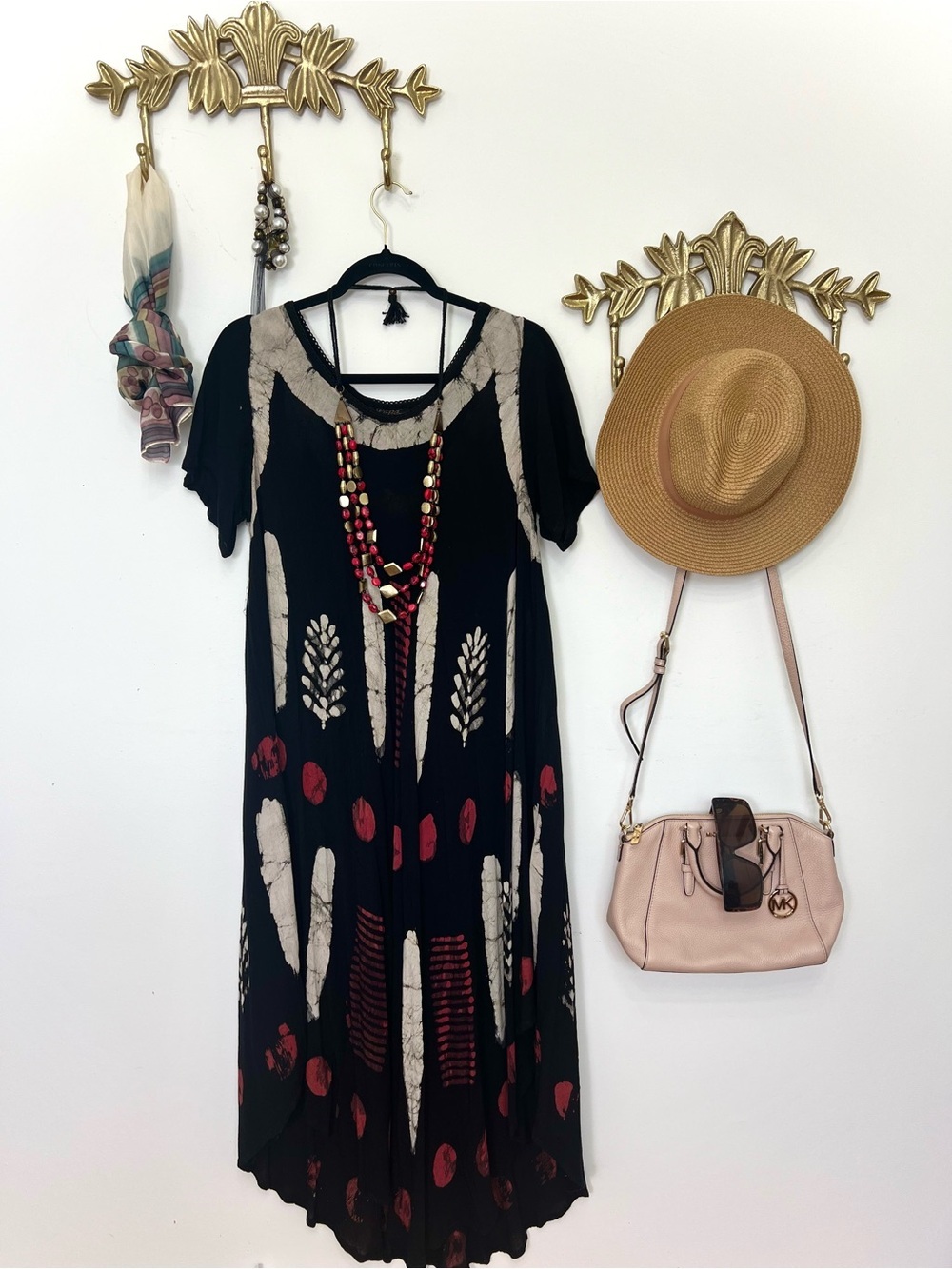 Boho Tie-Dye abstract feather dress L ptp 22” stretch 24 L 50”